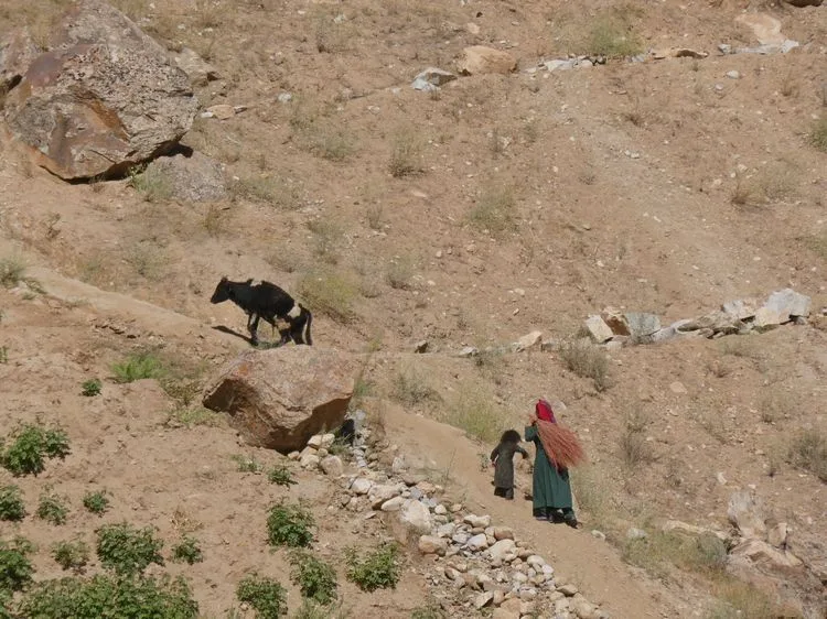 Una mujer con su hijo y su ternero en Afganistán vistas desde Tayikistán
